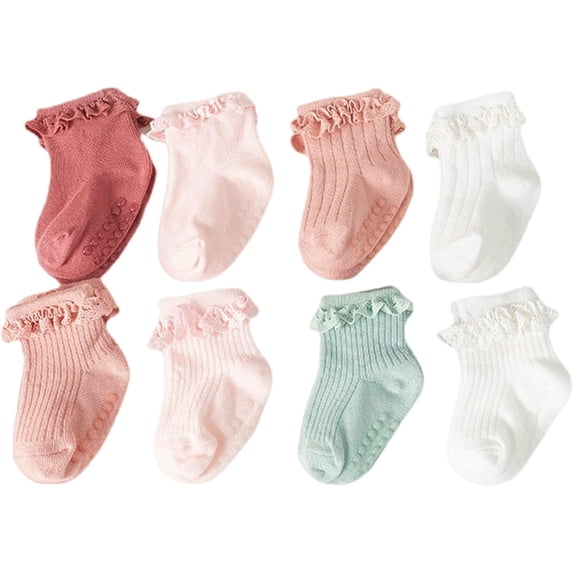 JIANFANG Toddler Girls Anti Slip Socks - Non Skid Frilly Ruffle Design with Grips for Baby 0-3 Years (Pack of 8)