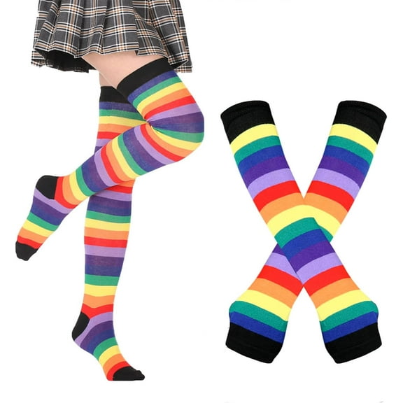 JIANFANG Womens Rainbow Striped Knee High Thigh High Socks Arm Warmers Set Fingerless Gloves Halloween Costume