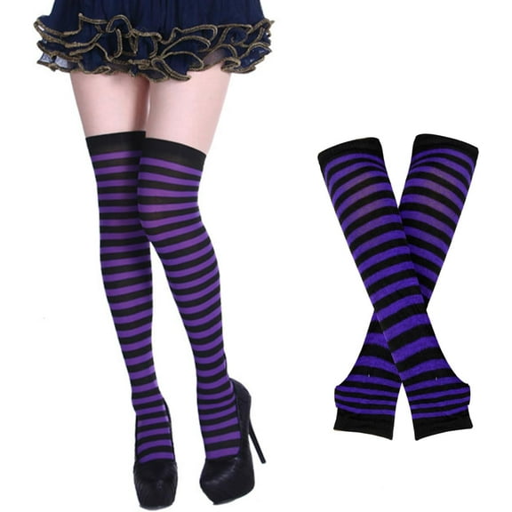 JIANFANG Womens Rainbow Striped Knee High Thigh High Socks Arm Warmers Set Fingerless Gloves Halloween Costume