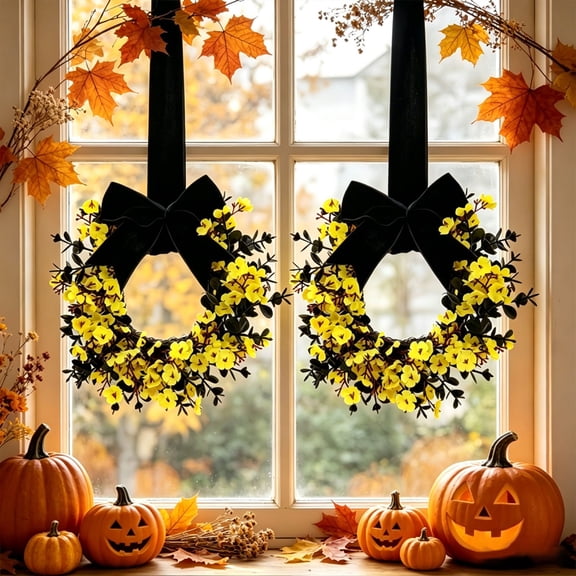 JIANGHUI 8.6 Inch Small Fall Wreath Pumpkin Wreath for Front Door with Maple Leaves Harvest Wreath for Door Window Porch Thanksgiving Halloween Decor(F)