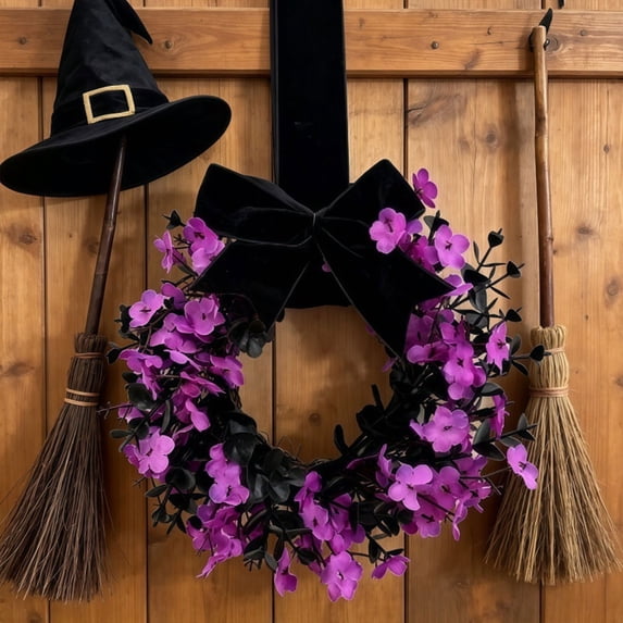 JIANGHUI Halloween Wreath - 8.6 Inch Small Halloween Wreaths with Velvet Bow,Decorative Hanging Wreath for Front Door,Cabinet,Window,Wall Decor,Fall Wreath for Thanksgiving Halloween Decor(B)