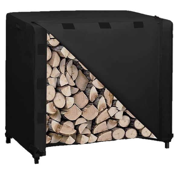 JIANGYI Foot Waterproof Firewood Rack Cover—Heavy-Duty Outdoor Wood Storage Holder with Front Open Flap, Black (Cover Only)