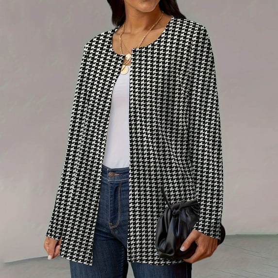 JIANJIA Autumn Winter Coats For Women Houndstooth Print Open Front Long Sleeve Casual Outerwear Outwear