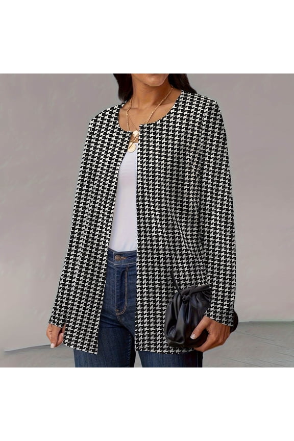 Autumn Winter Coats For Women Houndstooth Print Open Front Long Sleeve Casual Outerwear Outwear