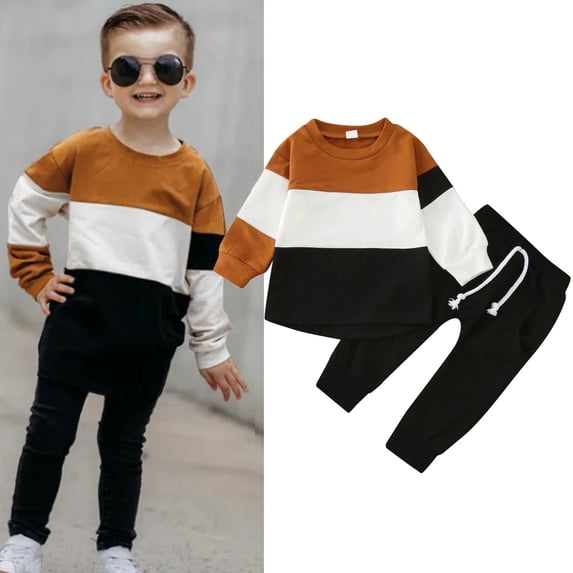 JIANJIA Baby Boys Outfit Sets Autumn Winter Color Block Patchwork Crew Neck Long Sleeve T Shirt Tops Pullover With Pants Outwear