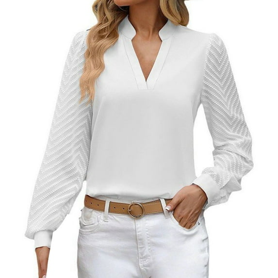 JIANJIA Blouses For Women Dressy Casual Chiffon Solid Color V Neck Long Sleeve Loose Business Autumn Winter Tops Holiday Wear