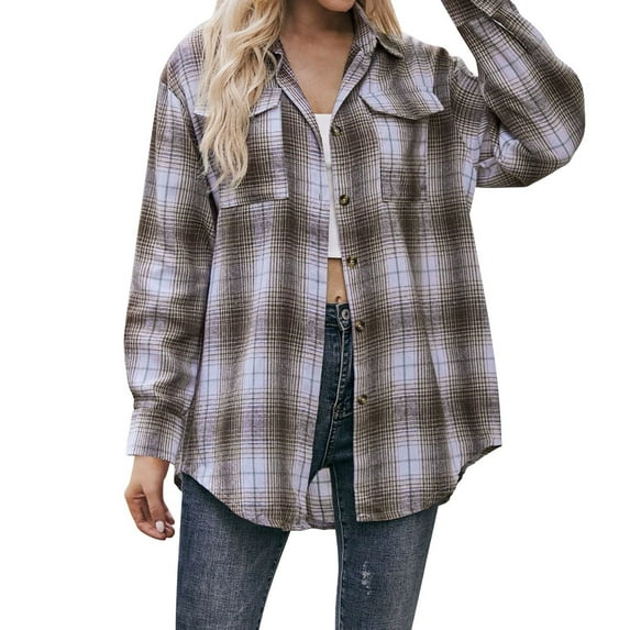 JIANJIA Blouses For Women Dressy Casual Plaid Print Lapel Long Sleeve Loose Fashion Comfortable Overshirt Autumn Winter Tops Daily-Wear