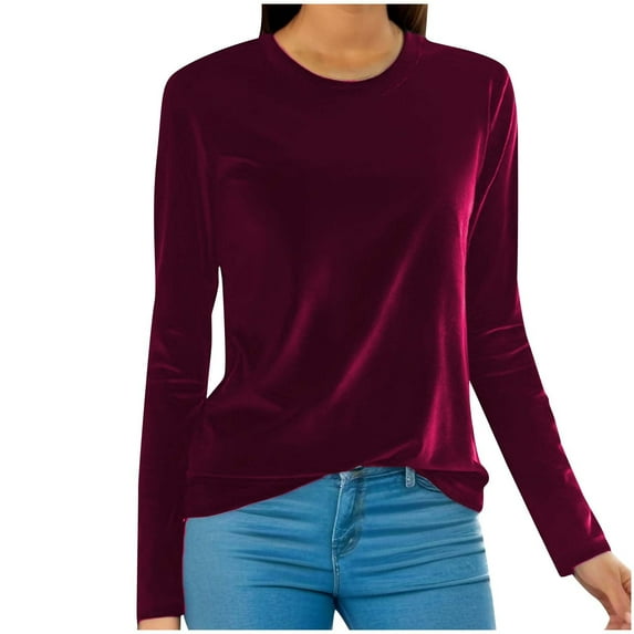 JIANJIA Blouses For Women Dressy Casual Velvet Solid Color Crew Neck Long Sleeve Soft Tunic Pullover Loose Autumn Winter Tops Activewear