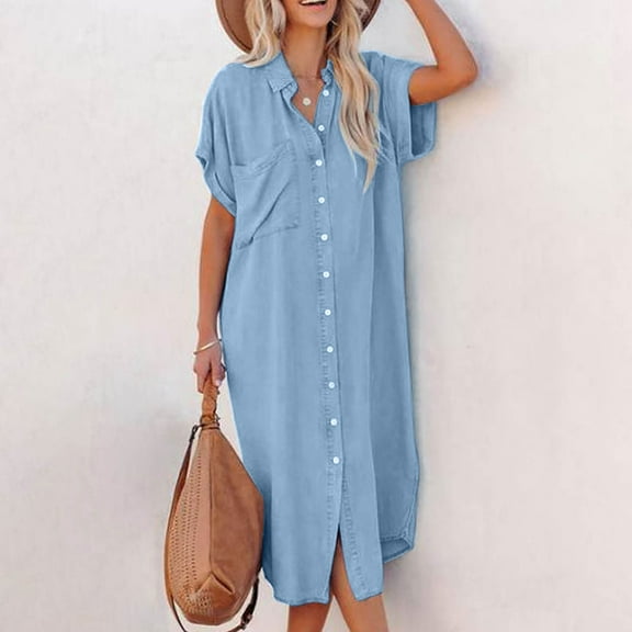 JIANJIA Casual Dresses For Women Button Down Denim Midi Shirt Side Slit Short Sleeve Jean Pocket Dress Sportwear