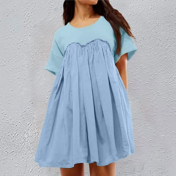 JIANJIA Casual Dresses For Women Fashion Color Matching Round Neck Short Sleeve Loose Comfortable Dress Daily-Wear