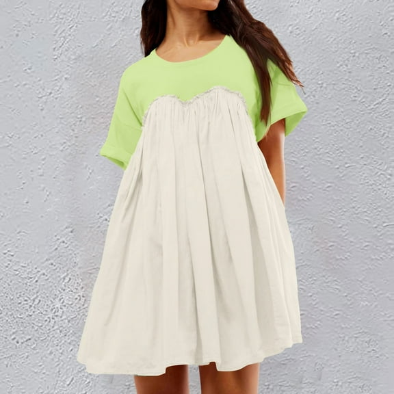 JIANJIA Casual Dresses For Women Fashion Color Matching Round Neck Short Sleeve Loose Comfortable Dress Outwear