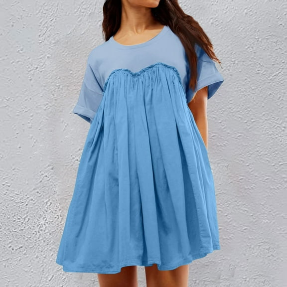 JIANJIA Casual Dresses For Women Fashion Color Matching Round Neck Short Sleeve Loose Comfortable Dress Streetwear