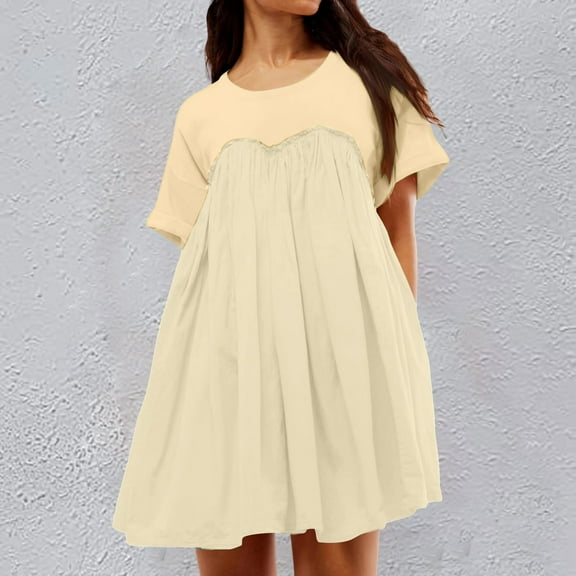 JIANJIA Casual Dresses For Women Fashion Color Matching Round Neck Short Sleeve Loose Comfortable Dress Streetwear