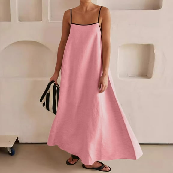 JIANJIA Casual Dresses For Women Maxi Contrast Trim Spaghetti Strap Summer Travel Sleevele Long Dress Activewear