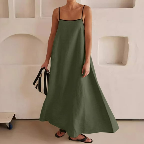 JIANJIA Casual Dresses For Women Maxi Contrast Trim Spaghetti Strap Summer Travel Sleevele Long Dress Streetwear