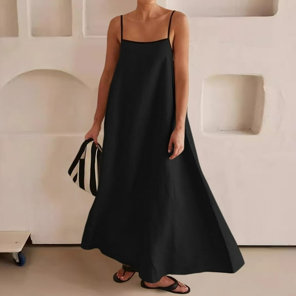 JIANJIA Casual Dresses For Women Maxi Contrast Trim Spaghetti Strap Summer Travel Sleevele Long Dress Streetwear