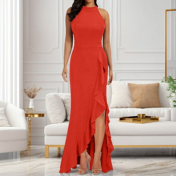 JIANJIA Casual Dresses For Women Split Sleevele Slim Fit Ruffle Long Evening Dress Daily-Wear