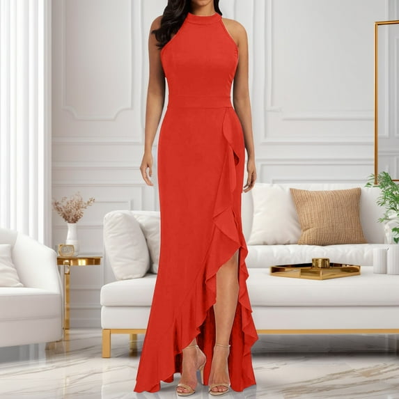 JIANJIA Casual Dresses For Women Split Sleevele Slim Fit Ruffle Long Evening Dress Daily-Wear