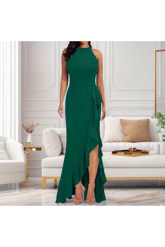 Casual Dresses For Women Split Sleevele Slim Fit Ruffle Long Evening Dress Daily-Wear