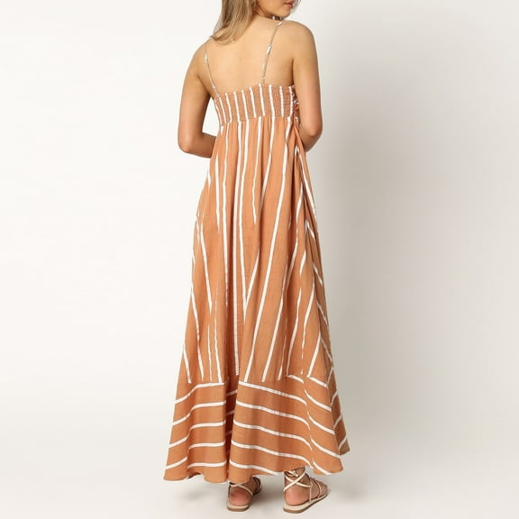 JIANJIA Casual Dresses For Women Striped Sleevele Maxi Swing Midi Backle Smocked Spaghetti Strap Boho Flowy Long Dress Daily-Wear