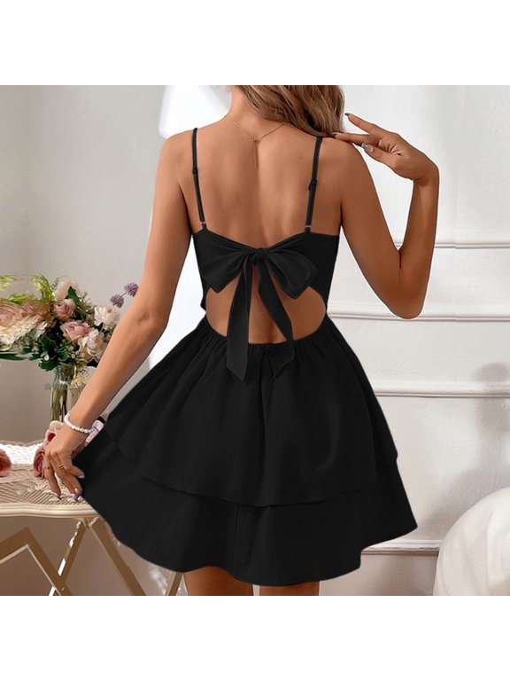 Casual Dresses For Women Summer Blue Simple Sling Square Neckline Backle Bow Double Ruffle Hem Dress Activewear