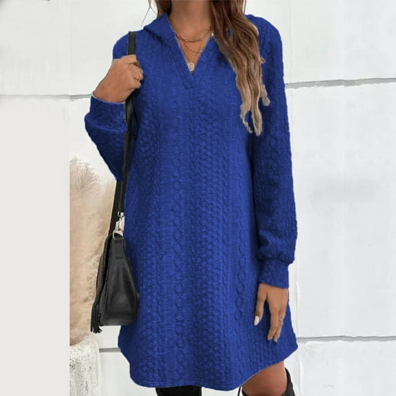 JIANJIA Casual Dresses For Womens Autumn Winter Solid Color V Neck Hoodie Long Sleeve Mini Sweater Dress Loose Fashion Outwear