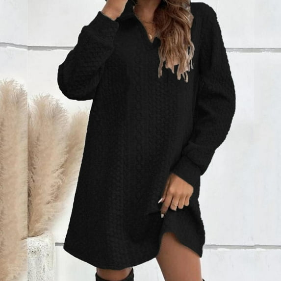 JIANJIA Casual Dresses For Womens Autumn Winter Solid Color V Neck Hoodie Long Sleeve Mini Sweater Dress Loose Fashion Outwear