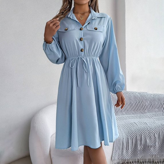 JIANJIA Casual Dresses For Womens Autumn Winter Solid Color V Neck Lapel Long Sleeve Large Hem Fashion Casual Outwear