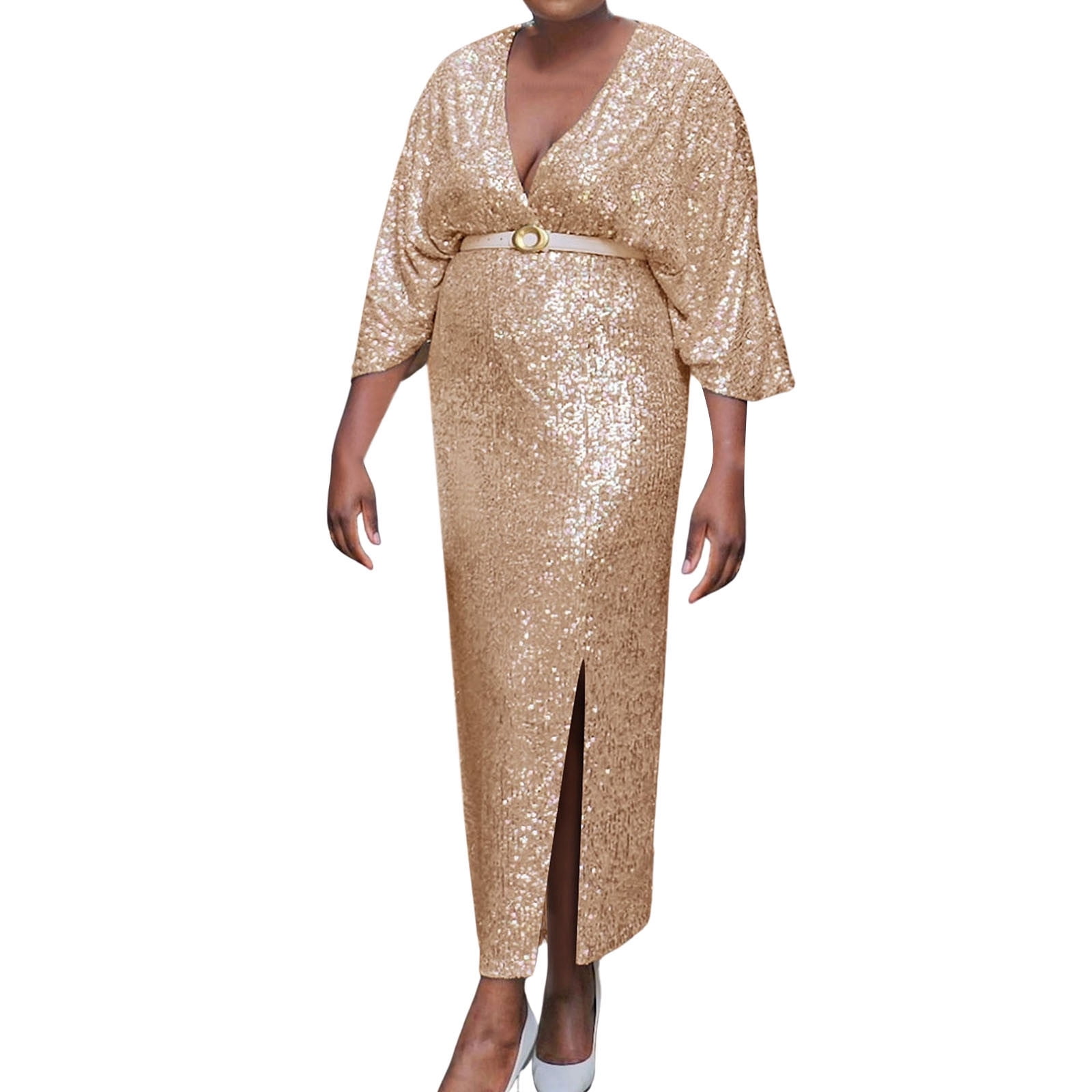 JIANJIA Casual Dresses For Womens Solid Color Plus Size V Neck Sequin Stylish Sexy Bodycon Evening Gown Cocktail Dress Activewear,Gold,XXXL