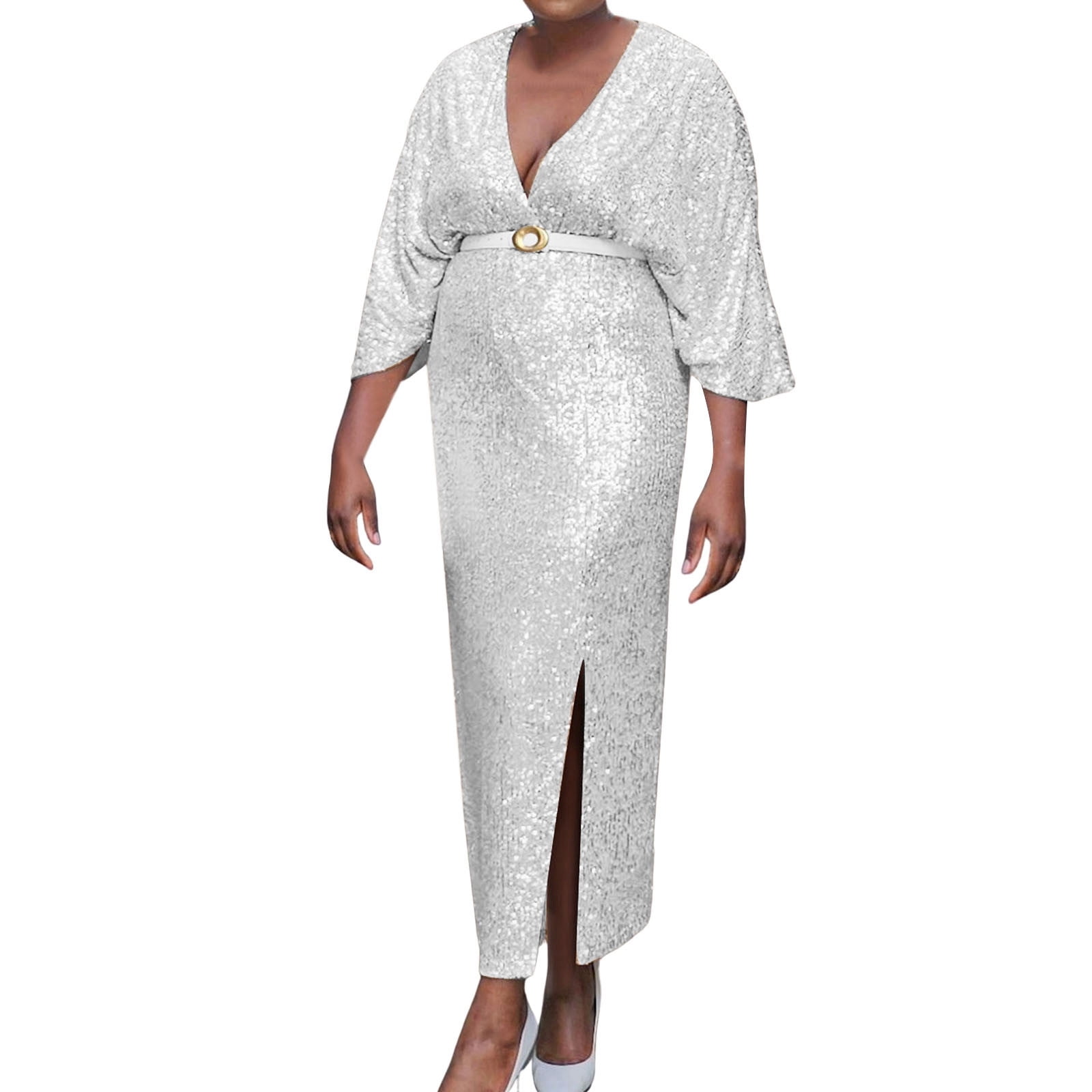 JIANJIA Casual Dresses For Womens Solid Color Plus Size V Neck Sequin Stylish Sexy Bodycon Evening Gown Cocktail Dress Activewear,Silver,XXL