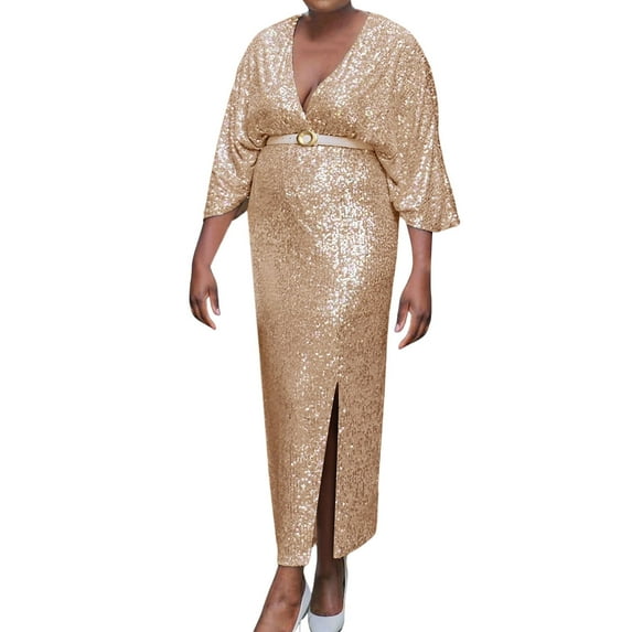 JIANJIA Casual Dresses For Womens Solid Color Plus Size V Neck Sequin Stylish Sexy Bodycon Evening Gown Cocktail Dress Holiday Wear,Gold,XXL