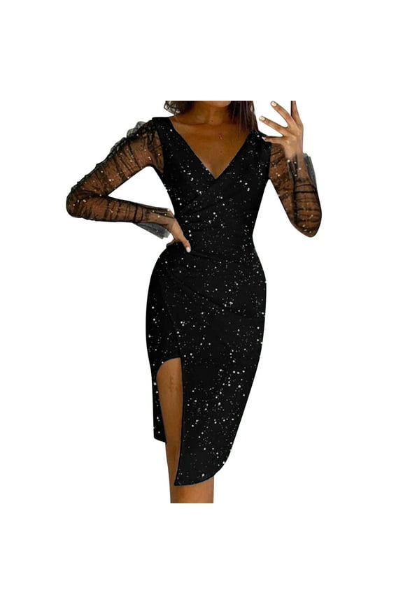 Casual Dresses For Womens Solid Color Sexy See Through Mesh Sheer Long Sleeve Bodycon Party Cocktail Dress Activewear,Black,XL