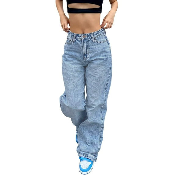 JIANJIA Jeans For Women Summer Denim Solid Color High Waist Wide Leg Loose Casual Sports Jogger Trousers Daily-Wear,Blue,M