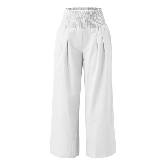 JIANJIA Linen Pants Women Summer Solid Color Elastic High Waist Loose Casual Wide Leg Trousers Daily-Wear,White,M