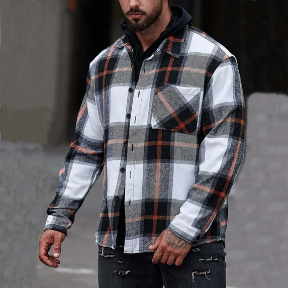 JIANJIA Mens Casual Button Down Shirts Autumn Winter Fashion Large Plaid Pocket Long Sleeved Woolen Coat Tops Outwear