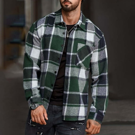 JIANJIA Mens Casual Button Down Shirts Autumn Winter Fashion Large Plaid Pocket Long Sleeved Woolen Coat Tops Sportwear