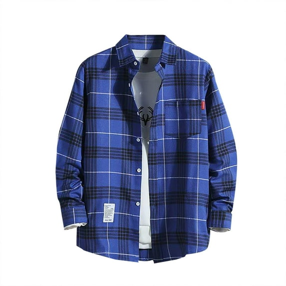 JIANJIA Mens Casual Button Down Shirts Autumn Winter Plaid Print Lapel Long Sleeve Loose Tops Holiday Wear,Blue,XXL