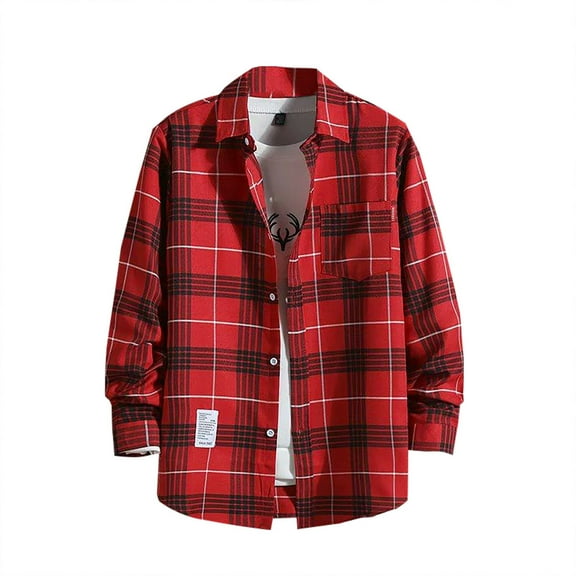 JIANJIA Mens Casual Button Down Shirts Autumn Winter Plaid Print Lapel Long Sleeve Loose Tops Sportwear,Red,L