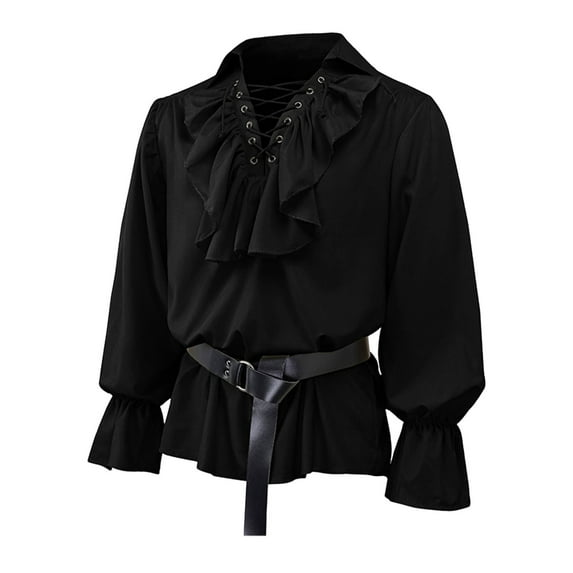 JIANJIA Mens Casual Button Down Shirts Autumn Winter Vintage Lace Up Puffy Sleeve Solid Color Loose Drama Stage Tops Streetwear