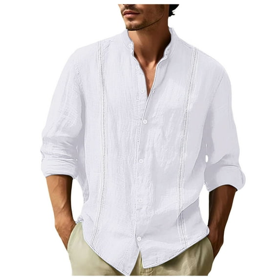 JIANJIA Mens Casual Button Down Shirts Solid Color Stank Long Sleeve Loose Cardigan Tops Outwear,White,XXXL