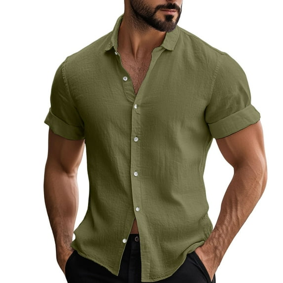 JIANJIA Mens Casual Button Down Shirts Summer Solid Color Lapel Short Sleeve Fashion Beach Tops Streetwear,Green,L