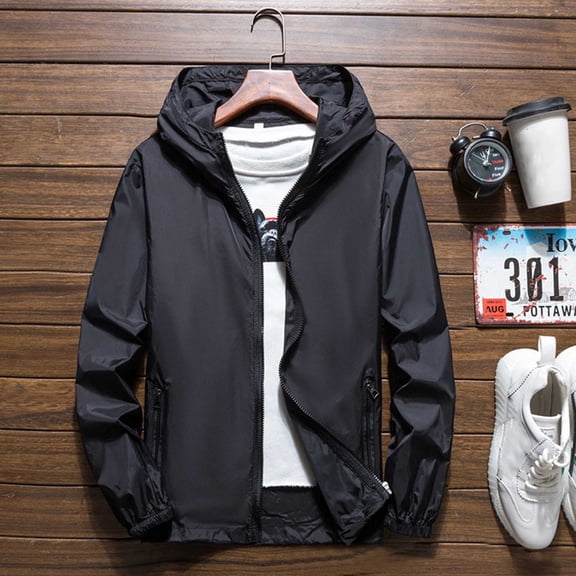 JIANJIA Mens Coats And Jackets Solid Color Hooded Long Sleeve Lightweight Breathable Cardigan Autumn Winter Outerwear Sportwear