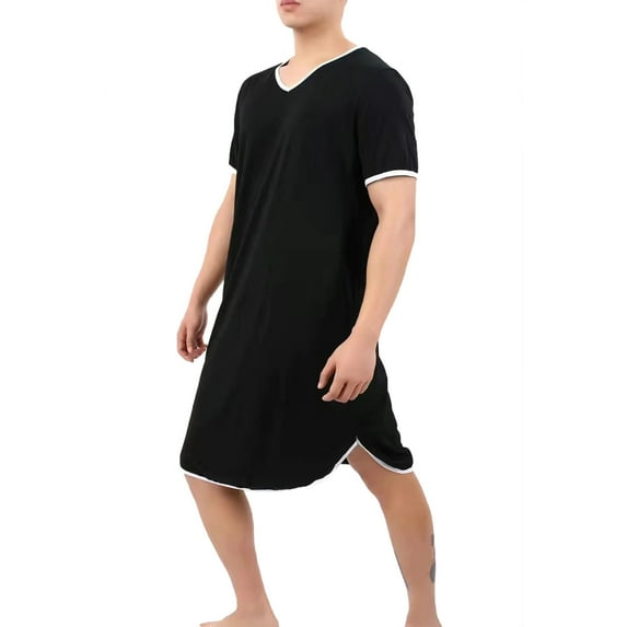 JIANJIA Mens Pajama Cotton Solid Color V Neck Short Sleeve Loose Comfy Nightgowns Underwear Daily-Wear
