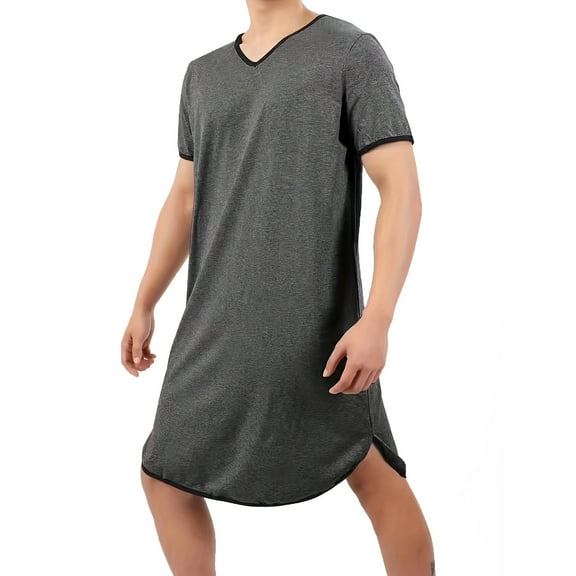 JIANJIA Mens Pajama Cotton Solid Color V Neck Short Sleeve Loose Comfy Nightgowns Underwear Nightwear