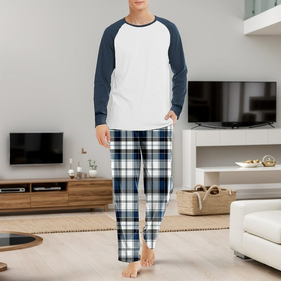 JIANJIA Mens Pajama Sets Autumn Winter Inner Wear Crew Neck Raglan Sleeve Tops With Plaid Print Pants Two Piece Underwear Nightwear
