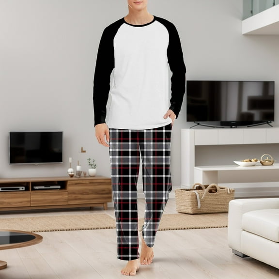 JIANJIA Mens Pajama Sets Autumn Winter Inner Wear Crew Neck Raglan Sleeve Tops With Plaid Print Pants Two Piece Underwear Sleepwear