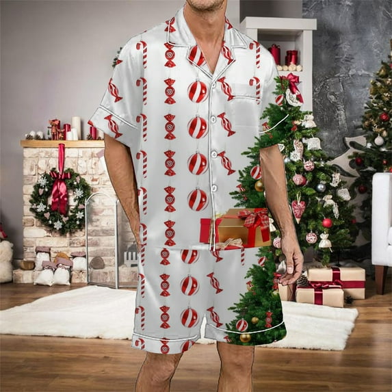 JIANJIA Mens Pajama Sets Christmas Print Silk Satin Lapel Short Sleeve Button Up Tops With Shorts Two Piece Underwear Daily-Wear