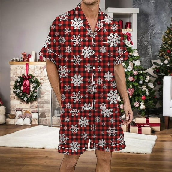 JIANJIA Mens Pajama Sets Christmas Print Silk Satin Lapel Short Sleeve Button Up Tops With Shorts Two Piece Underwear Homewear