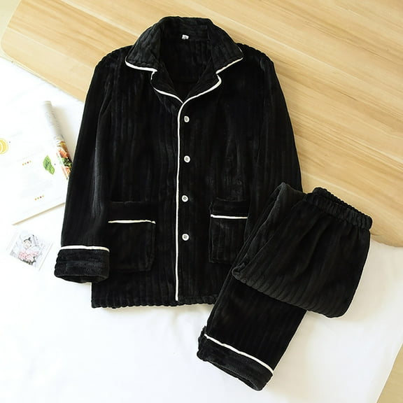 JIANJIA Mens Pajama Sets Coral Velvet Autumn Winter Thicken Solid Color Lapel Long Sleeve Tops With Pants Two Piece Underwear Homewear