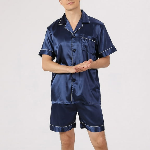 JIANJIA Mens Pajama Sets Solid Color Lapel Short Sleeve Tops With Shorts Shorts Loose Breathable Two Piece Underwear Homewear